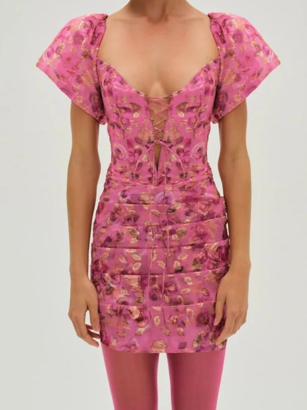 NWT For Love & Lemons Blurred Roses Floral Mini Dress XS Pink Brocade Lace Up